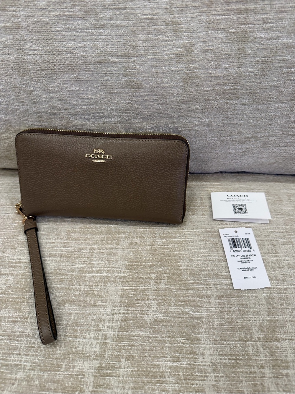 Coach Long Zip Around Wallet Dark Stone Pebbled Leather C4451